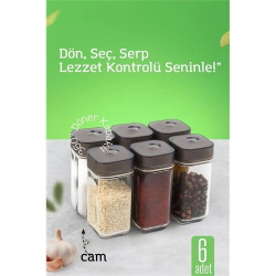 Mey İthalat® Cam Tuzluk Baharatlık – 360° Döner Kapaklı | 3 Delik Tipiyle Ayarlanabilir Akış  6 ADET 722180