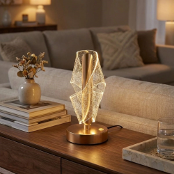 Mey İthalat®  Çapraz Kavisli Ters Kristal Simli LED Masa ası – Gold Gövdeli, Dokunmatik, 3 Kademe Işık Ayarlı Şarjlı Dekoratif a