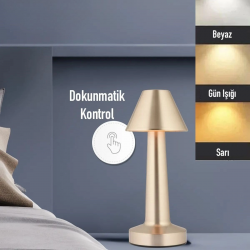 Mey İthalat®  Çatı Model Gold Renk Şarjlı Dokunmatik 3 Renkli LED Masa ası