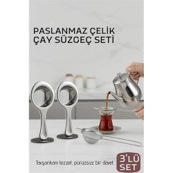 Mey İthalat® Çay Süzgeci Seti - 3 Parça Profesyonel ve Kulplu Demlik Filtresi Paslanmaz Çelik 718934