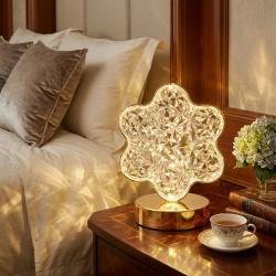 Mey İthalat®  Çiçek Model Kristal LED Masa ası – Dokunmatik, 3 Renk Işık Modlu, Şarjlı Mini Dekoratif Gece ası