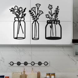 Mey İthalat® Çiçekli Kavanozlar – Ahşap Mutfak Duvar Dekoru (3’lü Set)