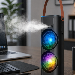 Mey İthalat® Çift Başlıklı Taşınabilir Fan RGB Işıklı Sprey Nemlendiricili Masaüstü Serinletici Fan