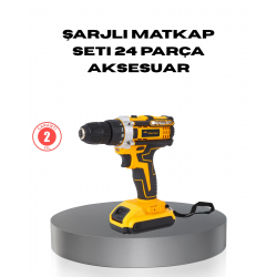 Mey İthalat® Çift Bataryalı Darbeli Şarjlı Matkap Seti – Metal Dişli, 24 Parça Aksesuar ve LED Işıklı