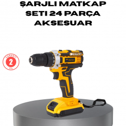 Mey İthalat® Çift Bataryalı Darbeli Şarjlı Matkap Seti – Metal Dişli, 24 Parça Aksesuar ve LED Işıklı