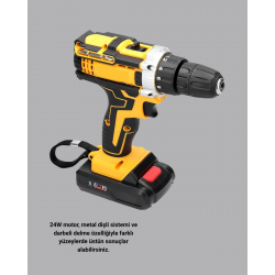 Mey İthalat® Çift Bataryalı Darbeli Şarjlı Matkap Seti – Metal Dişli, 24 Parça Aksesuar ve LED Işıklı