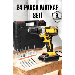 Mey İthalat® Çift Bataryalı Metal Dişli Darbeli Şarjlı Matkap Seti 24W Güç ve 24 Parça Aksesuar