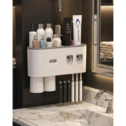 Mey İthalat® Çift Dispenserli Diş Macunu Sıkacağı 6 Fırçalık Bardaklı Banyo Organizer