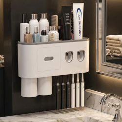 Mey İthalat® Çift Dispenserli Diş Macunu Sıkacağı 6 Fırçalık Bardaklı Banyo Organizer