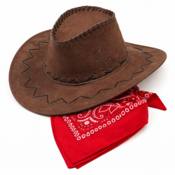 Mey İthalat® Çocuk Kovboy Şapka Kahverengi & Kırmızı Bandana Fular Seti