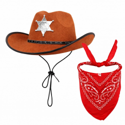 Mey İthalat® Çocuk Kovboy Şapka Rozetli Kahverengi & Kırmızı Bandana Fular Seti