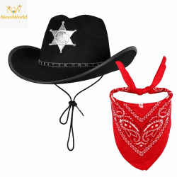 Mey İthalat® Çocuk Kovboy Şapka Rozetli Siyah & Kırmızı Bandana Seti