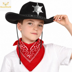 Mey İthalat® Çocuk Kovboy Şapka Rozetli Siyah & Kırmızı Bandana Seti