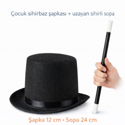 Mey İthalat® Çocuk Sihirbaz Şapkası ve Uzayan Yaylı Sihirli Sopa Seti