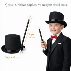 Mey İthalat® Çocuk Sihirbaz Şapkası ve Uzayan Yaylı Sihirli Sopa Seti
