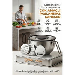 Mey İthalat® Çok Amaçlı Rendeli Paslanmaz Çelik Karıştırma Kabı - Sıçratmaz Mikser Kapağı ve Saklama Kasesi 4.5L 723130