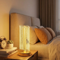 Mey İthalat®  Dalgalı Silindirik Kristal Çizgili Model LED Masa ası – Gold Tabanlı, Dokunmatik, 3 Renk Işık Modlu, Şarjlı Modern Dekoratif Gece ası