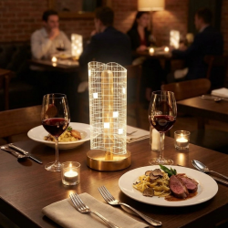 Mey İthalat®  Dalgalı Silindirik Kristal Kareli Model LED Masa ası – Gold Tabanlı, Dokunmatik, 3 Renk Işık Modlu, Şarjlı Modern Dekoratif Gece ası