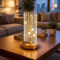 Mey İthalat®  Dalgalı Silindirik Kristal Kareli Model LED Masa ası – Gold Tabanlı, Dokunmatik, 3 Renk Işık Modlu, Şarjlı Modern Dekoratif Gece ası