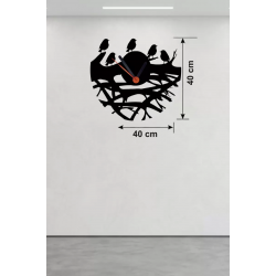 Mey İthalat® Dallarda Kuşlar Tasarım Ahşap Duvar Saati - 40x40 cm Dekoratif Saat
