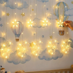 Mey İthalat® Dekoratif Ay Yıldız Perde Işığı Sıcak Beyaz Festival ve Ev Süsleme