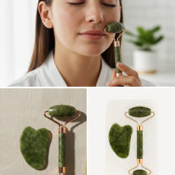 Mey İthalat® Doğal Yeşim Taşı Yüz Masaj Roller ve Gua Sha Seti 2 Parça