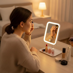 Mey İthalat®  Dokunmatik LED Işıklı Kare Makyaj Aynası – Altı Organizer Kaseli, Ayarlanabilir Aydınlatmalı Masaüstü Makyaj ve Cilt Bakım Aynası