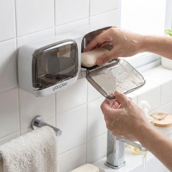 Mey İthalat®  Duvara Monte İkili Kapaklı Plastik Katı Sabunluk Organizer – Banyo & Mutfak İçin Yapışkanlı Sabun Kutusu ve Düzenleyici