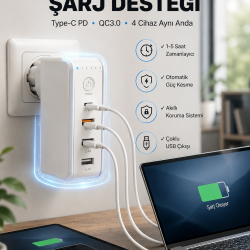 Mey İthalat® Ev ve Ofis İçin Zaman Kontrollü Çoklu Şarj Cihazı Yeni Nesil