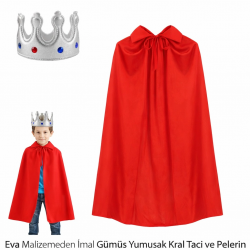 Mey İthalat® Eva Malzemeden Gümüş Yumuşak Kral Tacı ve Kırmızı Pelerin Seti