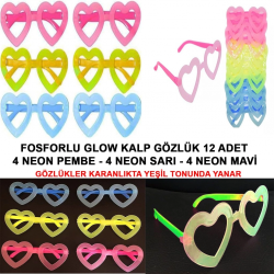 Mey İthalat® Fosforlu Kalp Gözlük 12 Adet – 80’ler 90’lar Parti Stili