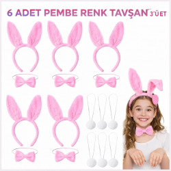 Mey İthalat® Full Pembe Renk Tavşan Sahne Seti 6'lı Set Taç Papyon Kuyruk