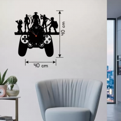 Mey İthalat® Gamer Oyun Odası Dekoratif Duvar Saati - 40x40 cm Lazer Kesim Ahşap Joystick ve Oyun Karakterli Saat