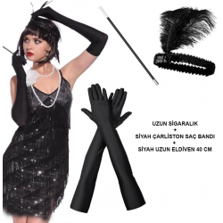 Mey İthalat® Gatsby Aksesuar Seti – Siyah Charleston Saç Bandı, Uzun Eldiven & Sigaralık
