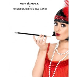 Mey İthalat® Gatsby Kadın Aksesuar Seti – Kırmızı Charleston Saç Bandı ve Sigaralık