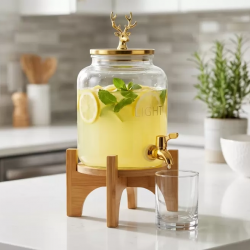 Mey İthalat® Geyik Figürlü Gold Lüks Cam İçecek Sebili - 3.6 Litre Bambu Standlı Meyve Suyu Kovası