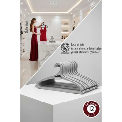 Mey İthalat® Giulia Vieri Selection: 12'li Premium İtalyan Tasarım İnce Siluet Kaymaz Elbise Askısı Seti GRİ