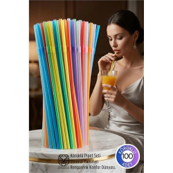 Mey İthalat® Gökkuşağı Serisi: 100’lü Esnek Körüklü Lüx İçecek Pipeti – 22 cm Premium Sunum Seti