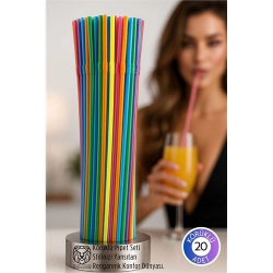 Mey İthalat® Gökkuşağı Serisi: 20’li Esnek Körüklü Lüx İçecek Pipeti – 22 cm Premium Sunum Seti