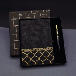 Mey İthalat®  Gold Desen Siyah Deri Defter Kalem Set