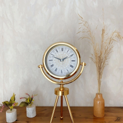 Mey İthalat® Gold Metal Mini Tripod Çini Desenli Roma Rakamı Masa Saati 45×26 cm