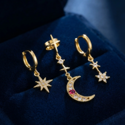 Mey İthalat® Gold Renk 3 lü Ay ve Yıldız Model Küpe