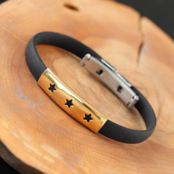 Mey İthalat® Gold Renk Çelik Yıldızlı Tasarım Siyah Renk Silikon Erkek Bileklik