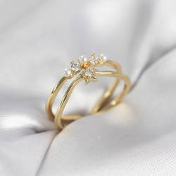 Mey İthalat® Gold Renk İncili Yıldız Model Zirkon Taşlı Kadın Yüzük