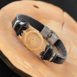 Mey İthalat® Gold Renk Metal Sol Anahtarlı Tasarım Siyah Renk Deri Erkek Bileklik