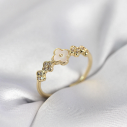 Mey İthalat® Gold Renk Minimal Yonca ve Zirkon Taşlı Kadın Yüzük