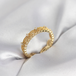 Mey İthalat® Gold Renk Motif Desenli Zirkon Taşlı Kadın Yüzük