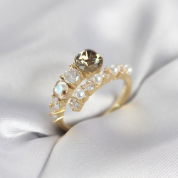 Mey İthalat® Gold Renk Pirinç Zirkon Taşlı İncili Kadın Yüzük