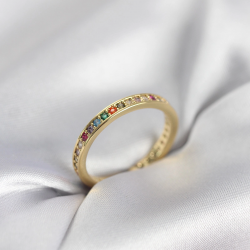 Mey İthalat® Gold Renk Sıralı Renkli Zirkon Taşlı Kadın Yüzük