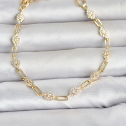Mey İthalat® Gold Renk Zirkon Taşlı Ataç Zincir Model Kadın Bileklik